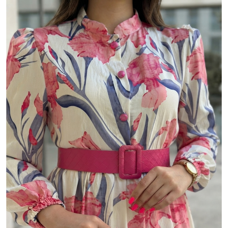 Robe Longue Fleurie Femme Chic – Manches Longues, Ceinture cuire à la Taille & Style Élégant Été
