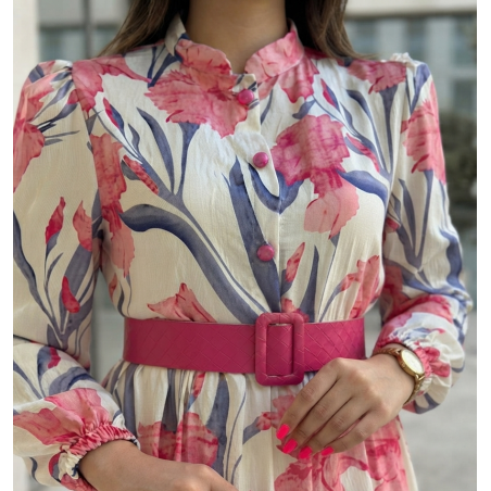 Robe Longue Fleurie Femme Chic – Manches Longues, Ceinture cuire à la Taille & Style Élégant Été