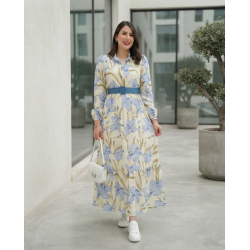 Robe Longue Fleurie Femme Chic – Manches Longues, Ceinture cuire à la Taille & Style Élégant Été