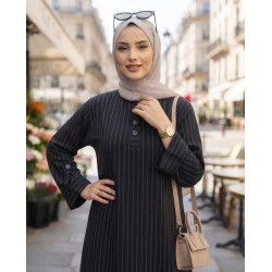Robe Femme Longue à Rayures Fines – Robe Modeste Élégante avec Manches Longues