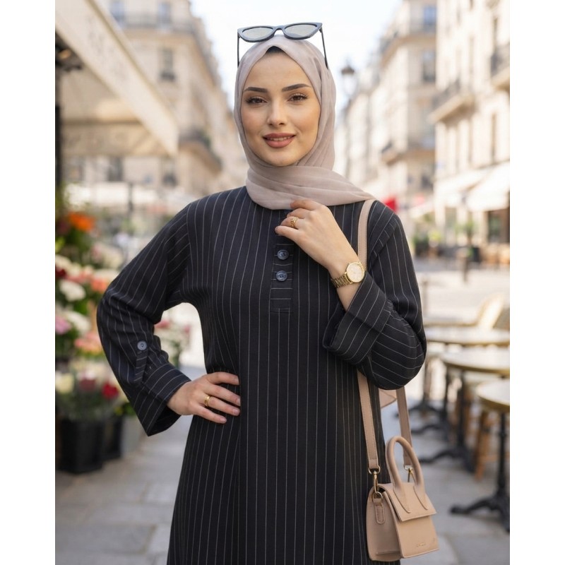 Robe Femme Longue à Rayures Fines – Robe Modeste Élégante avec Manches Longues