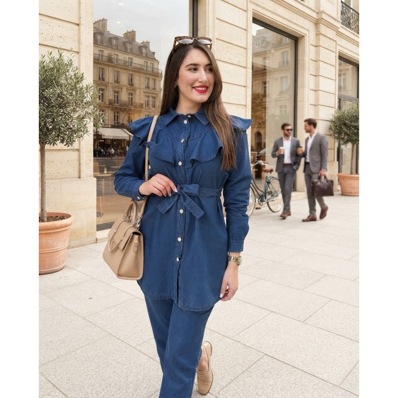 Ensemble Femme en Jean Chic avec Chemise à Volants et Pantalon