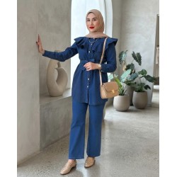 Ensemble Femme en Jean Chic avec Chemise à Volants et Pantalon